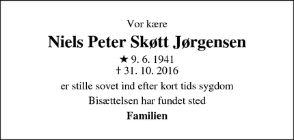 Dødsannoncen for Niels Peter Skøtt Jørgensen - Trige