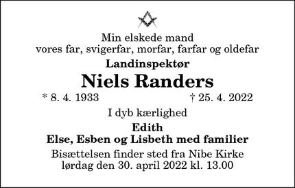 Dødsannoncen for Niels Randers - Nibe