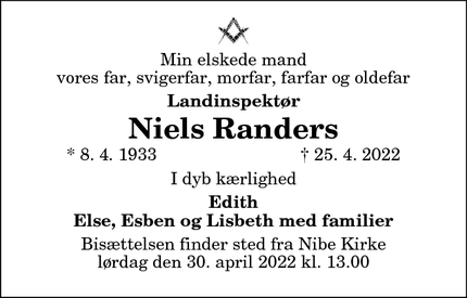Dødsannoncen for Niels Randers - Nibe
