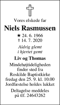 Dødsannoncen for Niels Rasmussen - Kalundborg