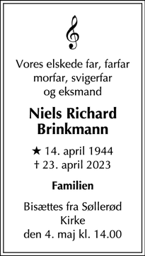 Dødsannoncen for Niels Richard
Brinkmann - Rudersdal Kommune