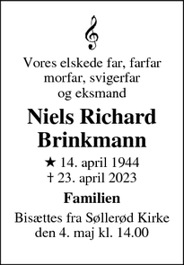 Dødsannoncen for Niels Richard
Brinkmann - Rudersdal Kommune