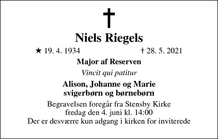 Dødsannoncen for Niels Riegels - Stensved
