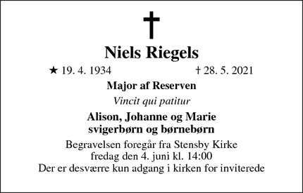 Dødsannoncen for Niels Riegels - Stensved