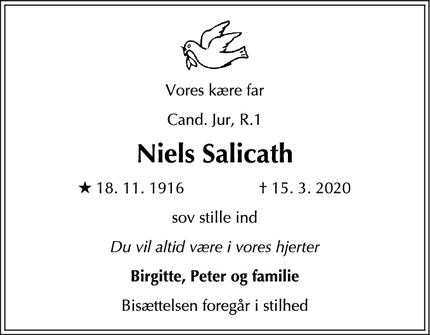 Dødsannoncen for Niels Salicath - Gentofte