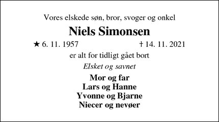 Dødsannoncen for Niels Simonsen - Skjern