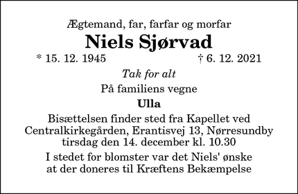 Dødsannoncen for Niels Sjørvad - Vodskov