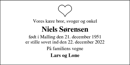Dødsannoncen for Niels Sørensen - Malling