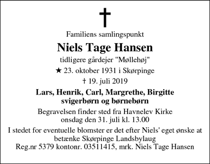 Dødsannoncen for Niels Tage Hansen - Skørpinge