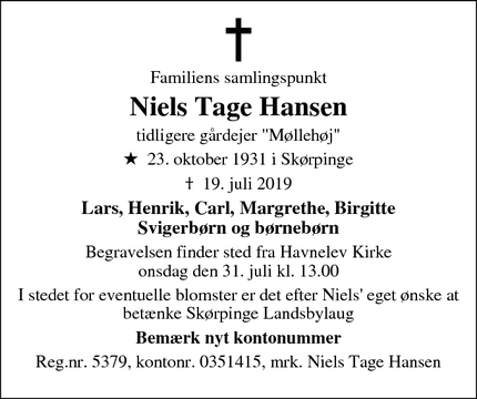 Dødsannoncen for Niels Tage Hansen - Skørpinge