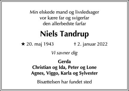 Dødsannoncen for Niels Tandrup - Bagsværd