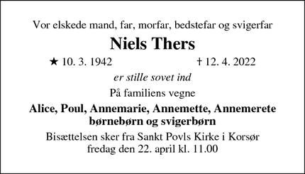 Dødsannoncen for Niels Thers - Korsør