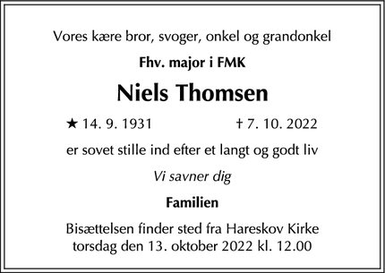 Dødsannoncen for Niels Thomsen - Hørsholm