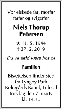 Dødsannoncen for Niels Thorup
Petersen - Lyngby