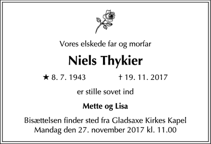 Dødsannoncen for Niels Thykier - Bagsværd