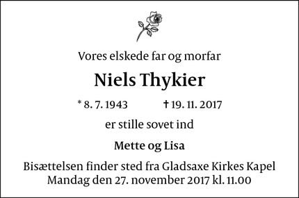 Dødsannoncen for Niels Thykier - Bagsværd