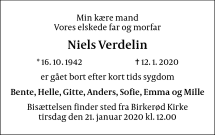 Dødsannoncen for Niels Verdelin - Birkerød