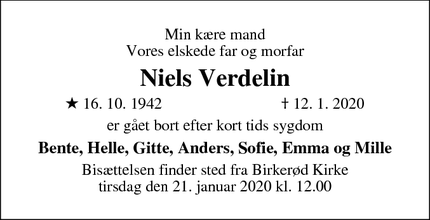 Dødsannoncen for Niels Verdelin - Birkerød