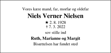 Dødsannoncen for Niels Verner Nielsen - Dragør