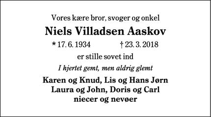 Dødsannoncen for Niels Villadsen Aaskov - Holsted (skal under vest sektionen) 