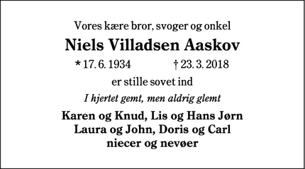 Dødsannoncen for Niels Villadsen Aaskov - Holsted (skal under vest sektionen) 
