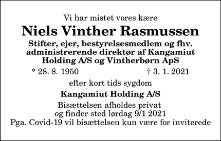 Dødsannoncen for Niels Vinther Rasmussen - Dronninglund