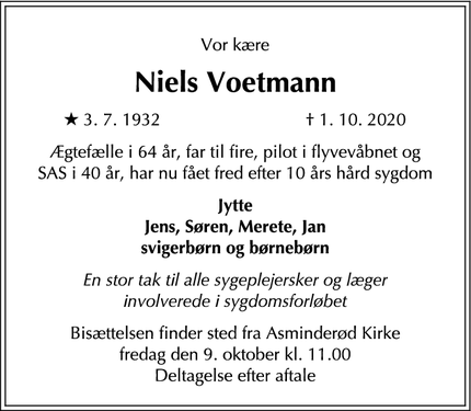 Dødsannoncen for Niels Voetmann - Fredensborg