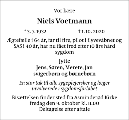 Dødsannoncen for Niels Voetmann - Fredensborg