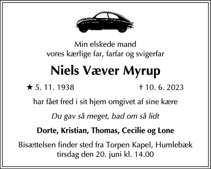 Dødsannoncen for Niels Væver Myrup - Humlebæk