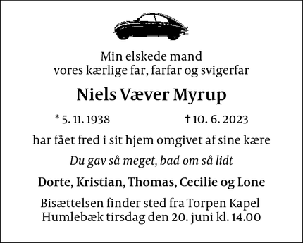Dødsannoncen for Niels Væver Myrup - Humlebæk