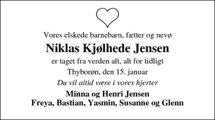 Dødsannoncen for Niklas Kjølhede Jensen - Thyborøn