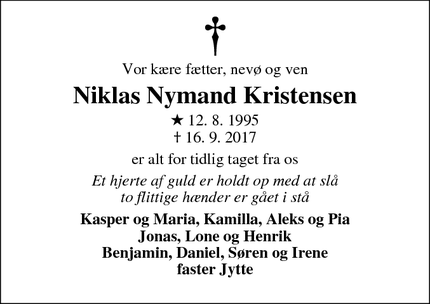 Dødsannoncen for Niklas Nymand Kristensen - Sall