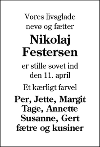 Dødsannoncen for Nikolaj Festersen - aabenraa