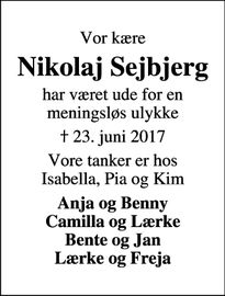 Dødsannoncen for Nikolaj Sejbjerg - Lemvig