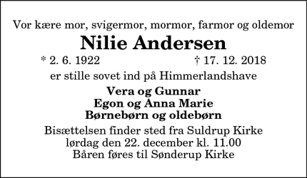 Dødsannoncen for Nilie Andersen - Suldrup