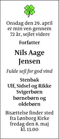Dødsannoncen for Nils Aage
Jensen - Tarm