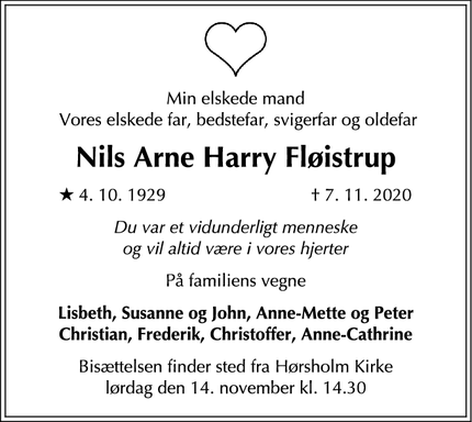 Dødsannoncen for Nils Arne Harry Fløistrup - Horsholm