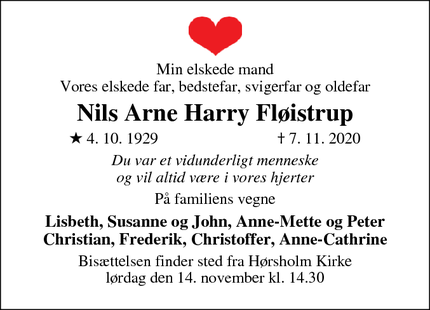 Dødsannoncen for Nils Arne Harry Fløistrup - Horsholm