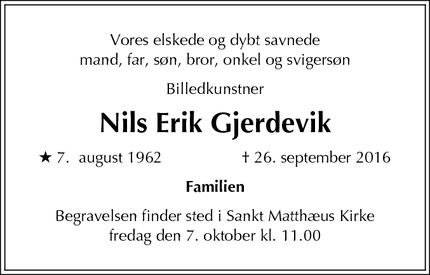 Dødsannoncen for Nils Erik Gjerdevik - København