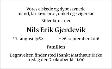 Dødsannoncen for Nils Erik Gjerdevik - København