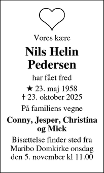 Dødsannoncen for Nils Helin
Pedersen - Maribo
