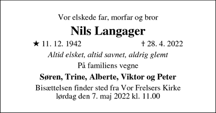 Dødsannoncen for Nils Langager - Højbjerg