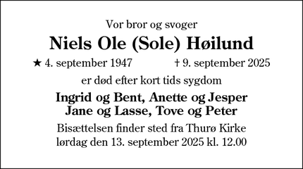 Dødsannoncen for Niels Ole (Sole) Høilund - Thurø