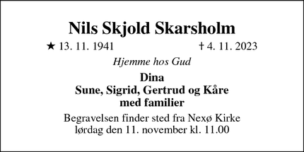 Dødsannoncen for Nils Skjold Skarsholm - Nexø
