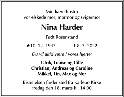 Dødsannoncen for Nina Harder - Kokkedal