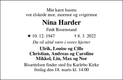 Dødsannoncen for Nina Harder - Kokkedal