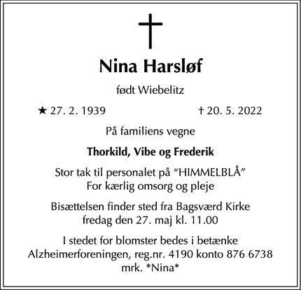 Dødsannoncen for Nina Harsløf - Bagsværd