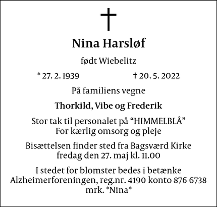 Dødsannoncen for Nina Harsløf - Bagsværd