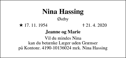 Dødsannoncen for Nina Hassing - Skibby