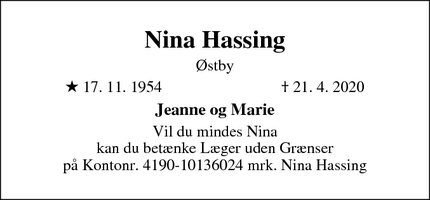 Dødsannoncen for Nina Hassing - Skibby